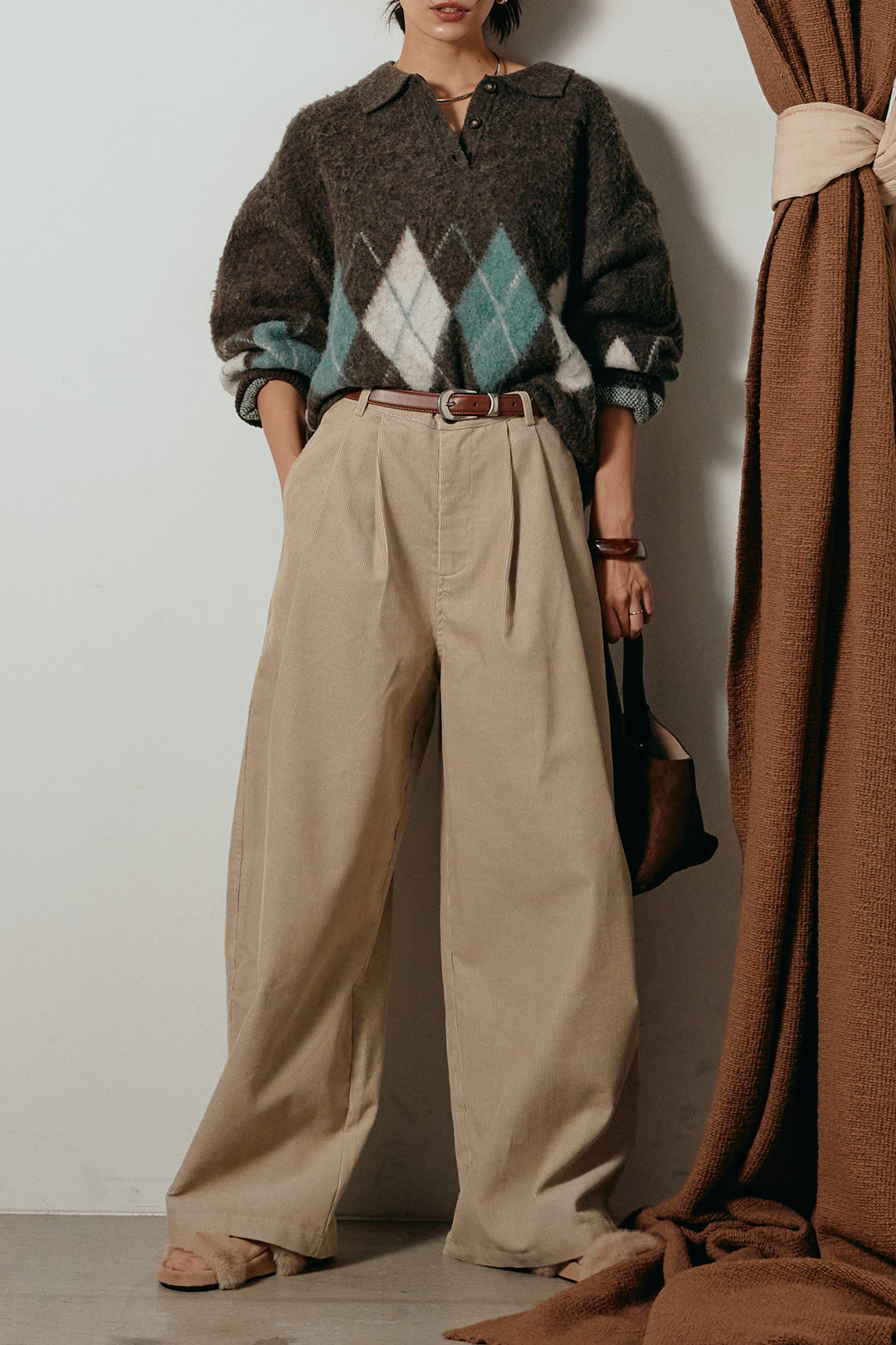 [SET]アーガイル柄ポロニットトップス+フロントタック入りコーデュロイパンツ(2set)