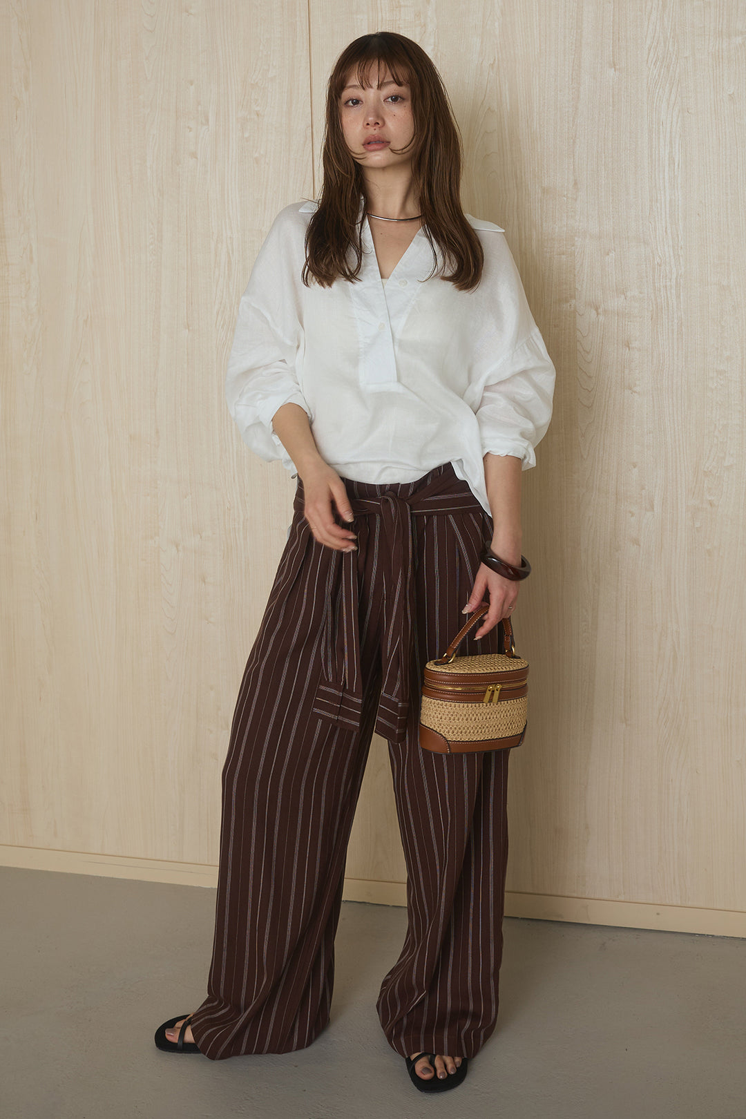 [SET]襟付きボタンブラウス+ウエスト巻きピンストライプパンツ(2set)