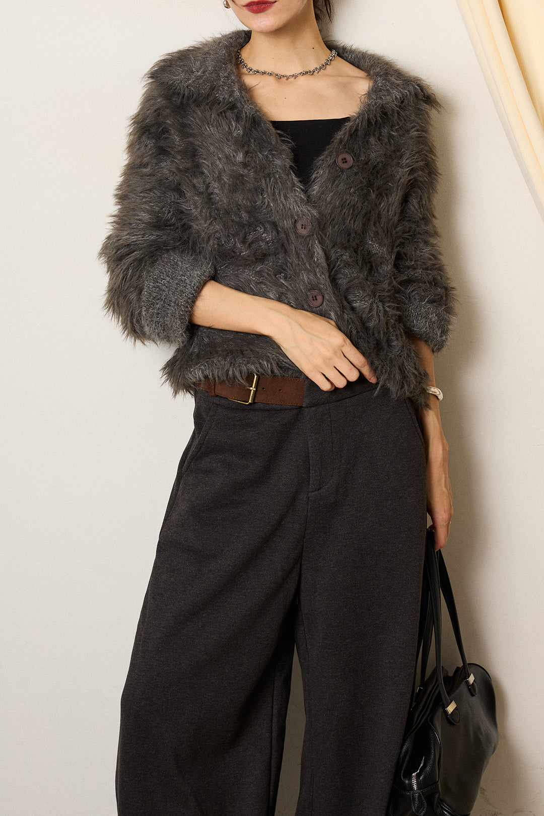 [SET]襟付きシャギーニットカーディガン+サイドベルトパンツ(2set)