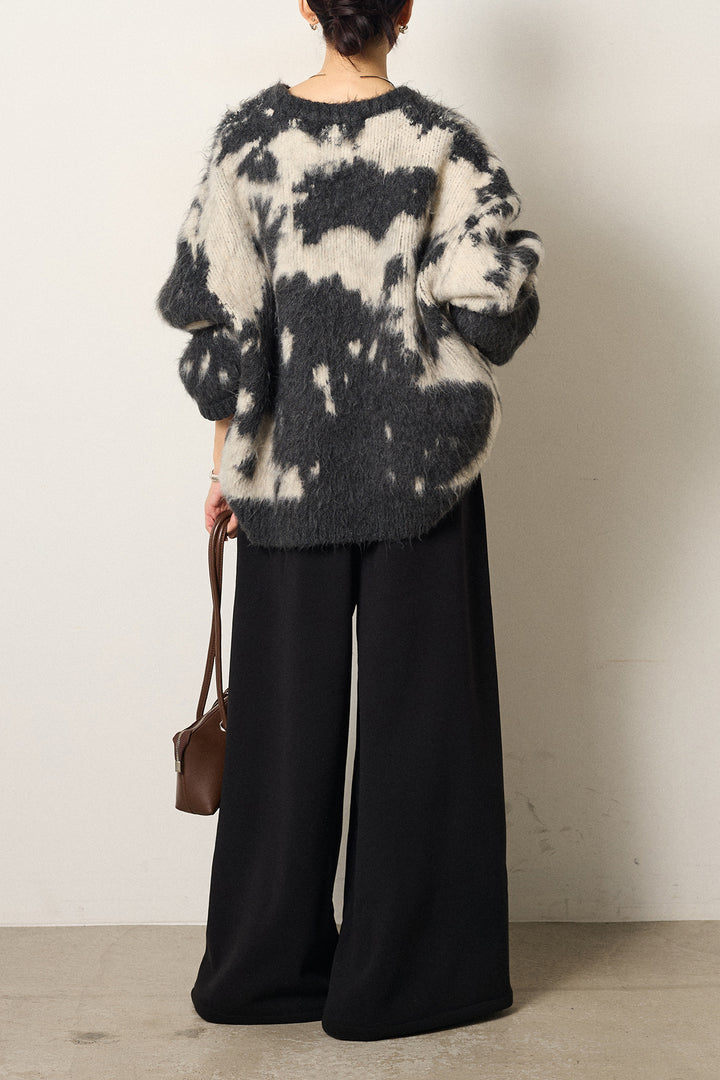 [SET]モヘアタッチマーブルニット+サイドベルトパンツ(2set)