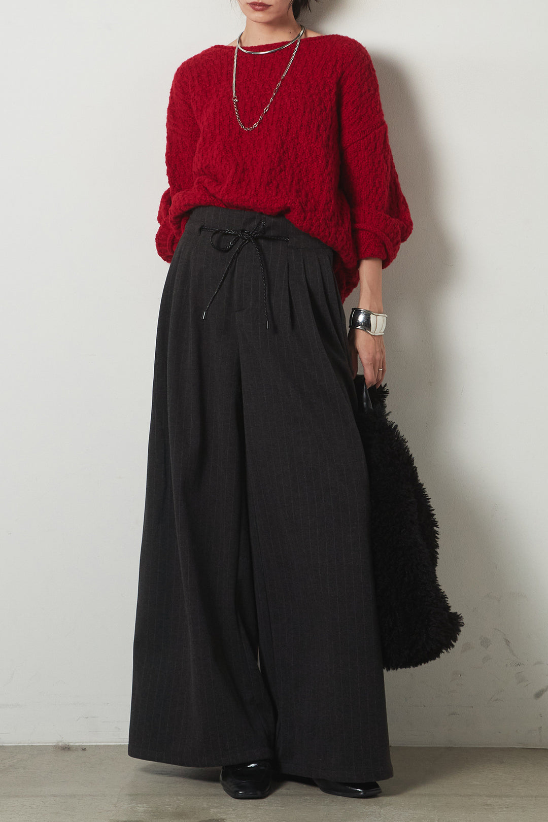 [SET]ボリューム編みニットプルオーバー+編みベルト付きピンストライプワイドパンツ(2set)
