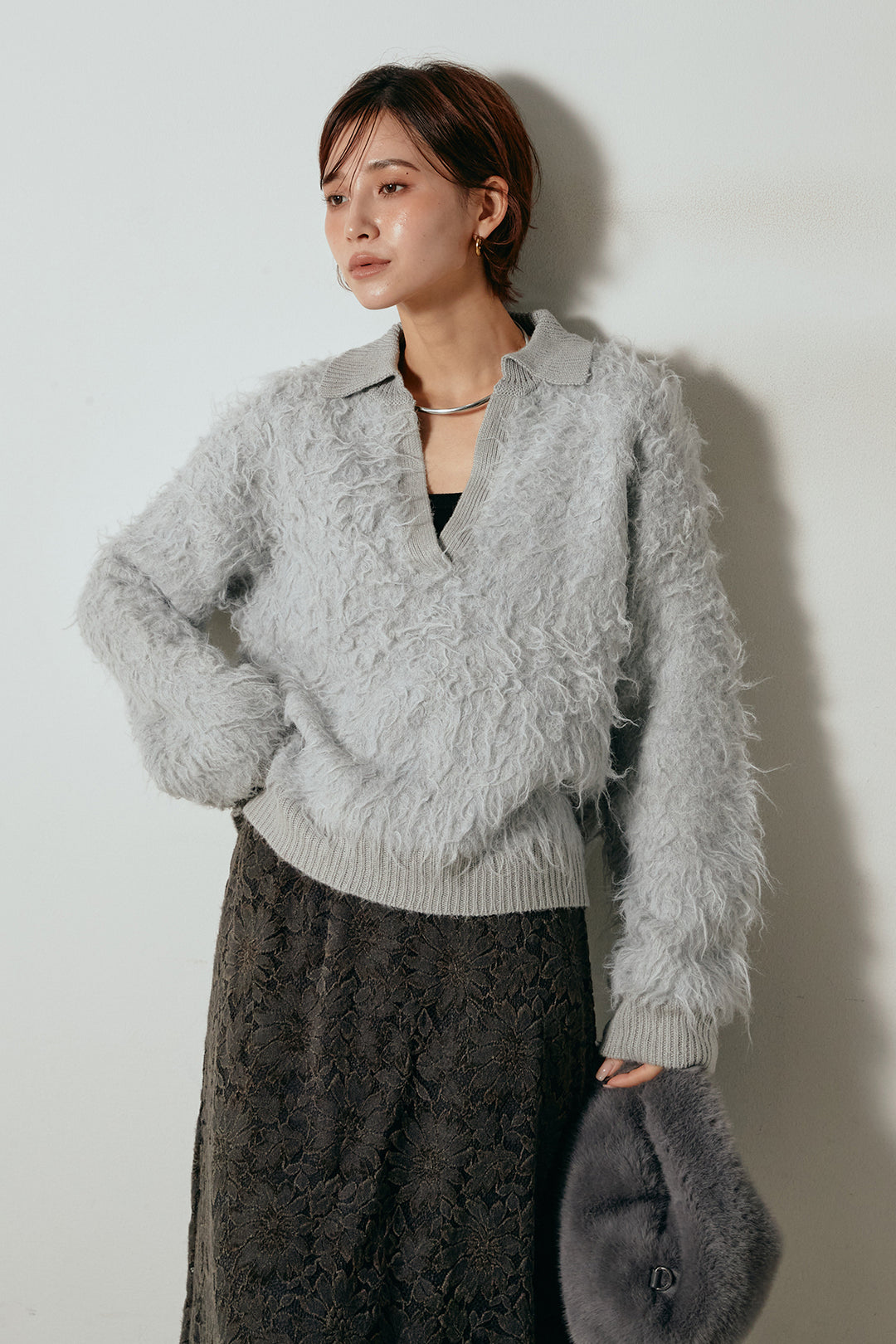 [SET]襟付きシャギーニットポロトップス+花柄刺繍ベロアフレアスカート(2set)