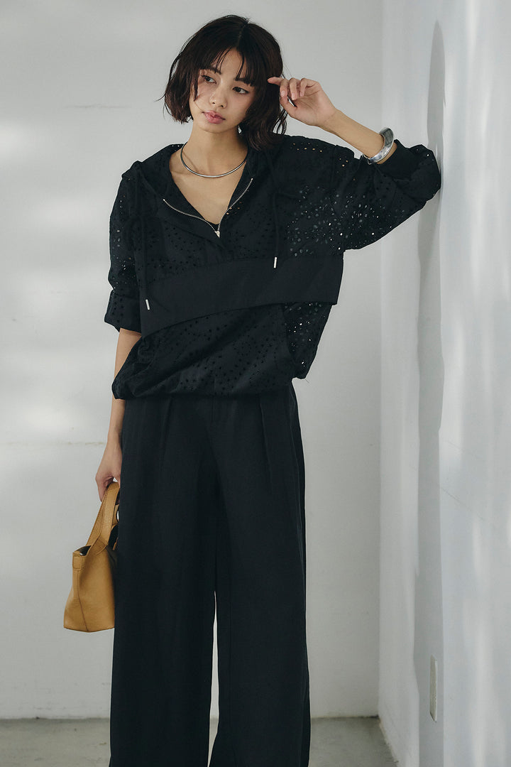 [SET]レースハーフジップアップフーディー+リネン混タックストレートワイドパンツ(2set)