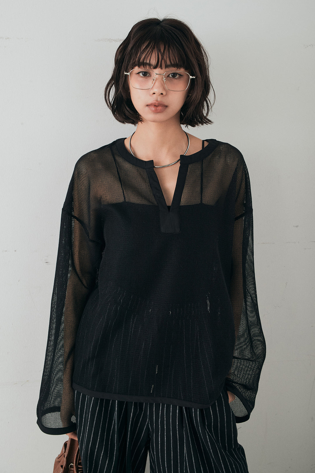 [SET]メッシュカットソースキッパープルオーバー+リネンライクストライプタックイージーパンツ(2set)