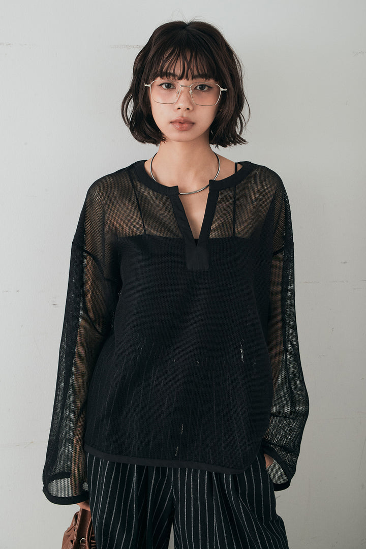 [SET]メッシュカットソースキッパープルオーバー+リネンライクストライプタックイージーパンツ(2set)