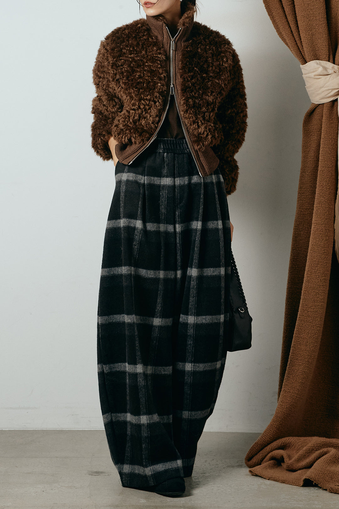[SET]ハイネックショート丈ボアジップブルゾン+起毛タータンチェック柄ワイドパンツ(2set)