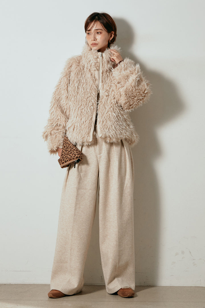 [SET]ミックスシープファースタンドブルゾン+フェイクウールタックトラウザーズパンツ(2set)