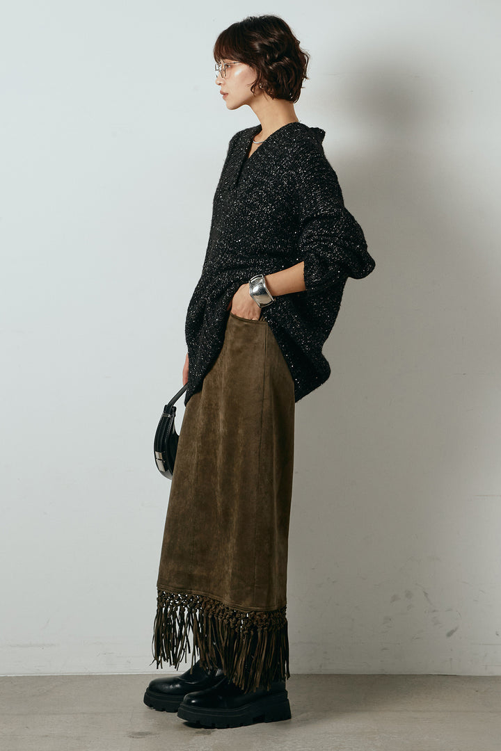 [SET]Vネックラメニットトップス+スウェードライク裾フリンジスカート(2set)