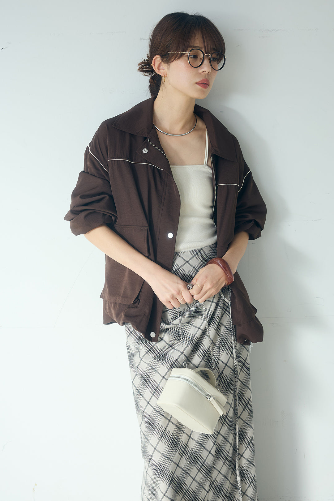 [SET]合繊ツイルバルーンジャケット+タータンチェック柄フロントデザインスカート(2set)