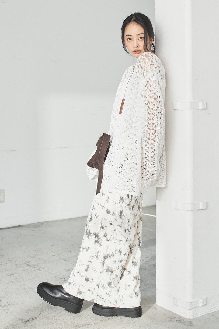 [SET]リラックスメッシュニットトップス+タイダイ柄ベロアワイドスカート(2set)