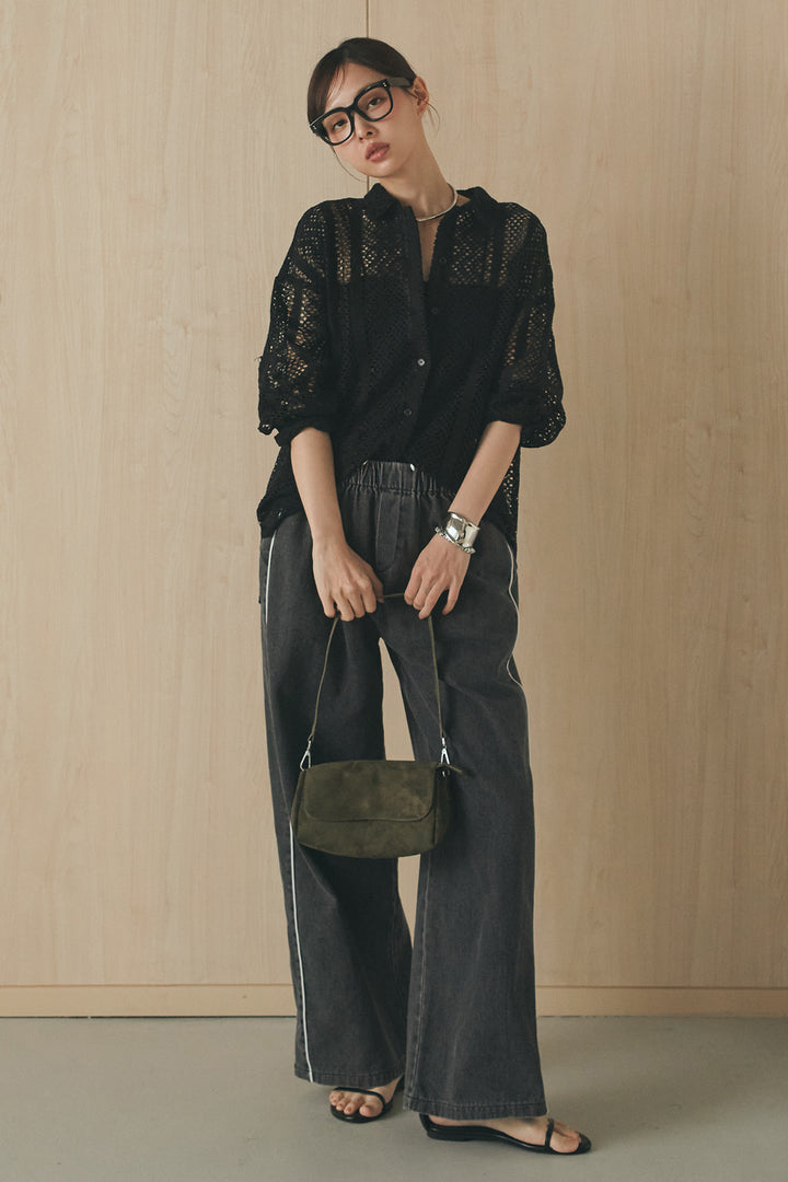 [SET]長袖襟付きレースシャツ+ドロストサイドラインデニムパンツ(2set)