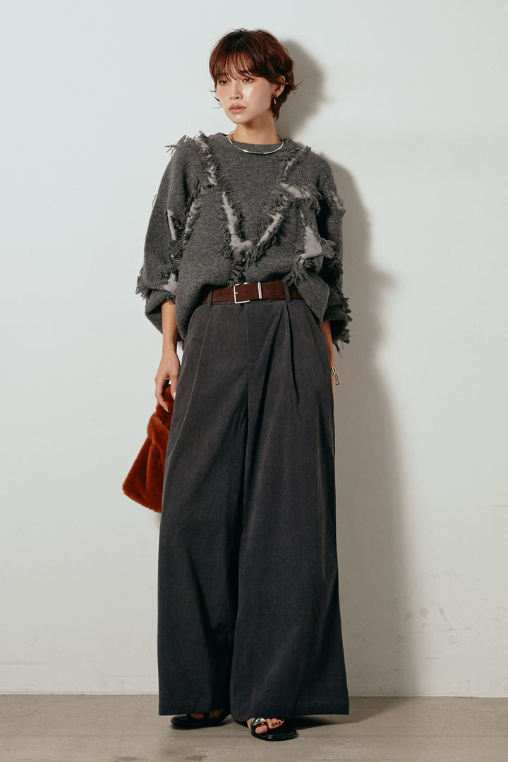 [SET]シャギージャガードニットトップス+太ベルト付きコーデュロイタックパンツ(2set)