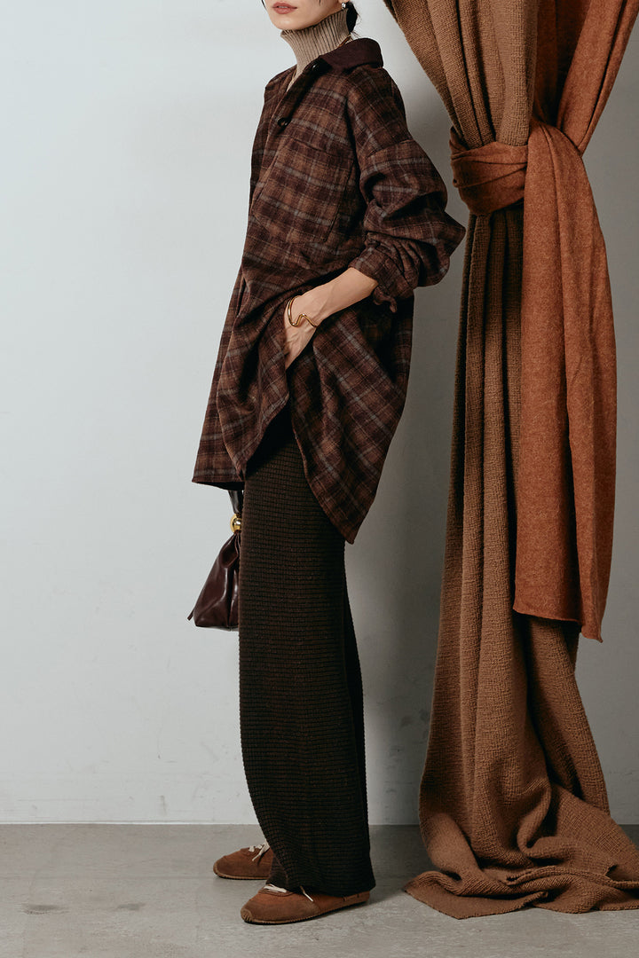 [SET]シャギーチェックシャツジャケット+ワイドリブニットイージーパンツ+リブニットシームレスタートルプルオーバー(3set)