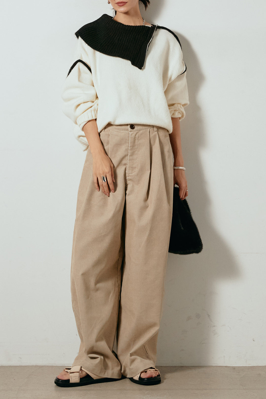 [SET]ハイネックジップデザインニットトップス+フロントタック入りコーデュロイパンツ(2set)