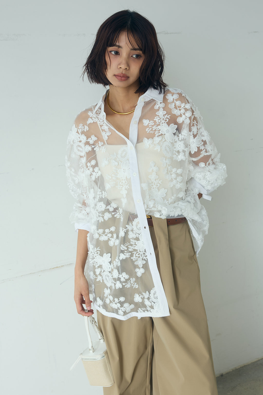 [SET]立体フラワー刺繍レースシャツ+ベルトループデザインハイウエストタックパンツ(2set)