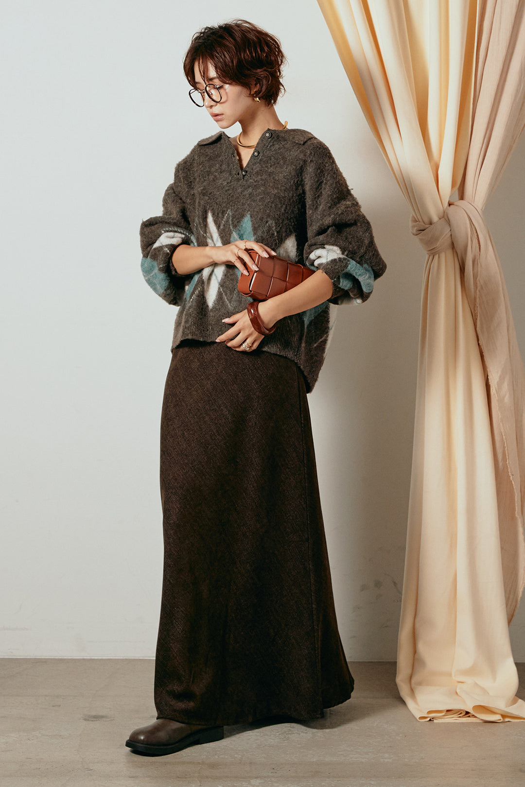 [SET]アーガイル柄ポロニットトップス+スウェードライクロングスカート(2set)