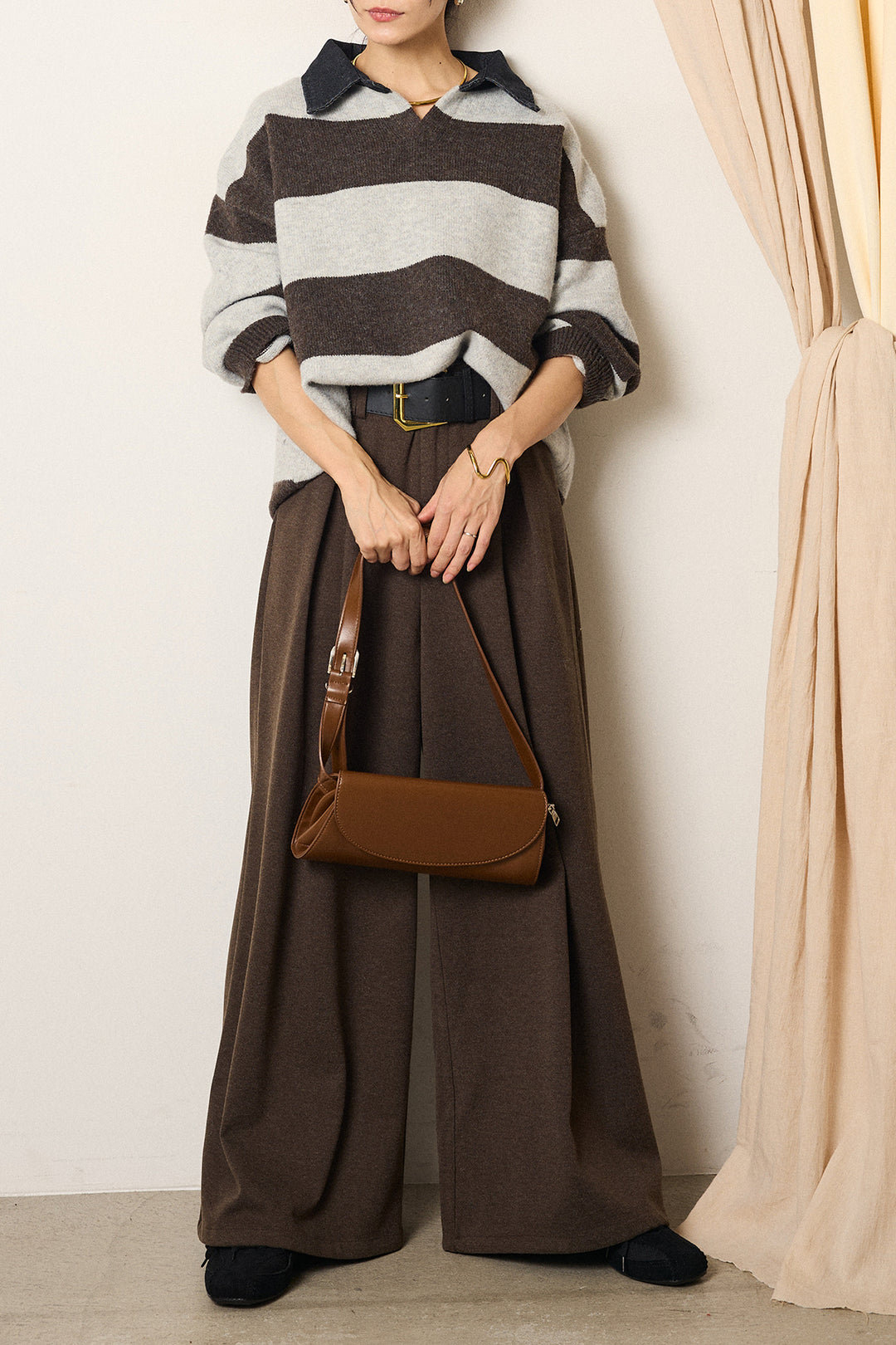 [SET]デニムカラーボーダールーズニット+ゴールドバックル太ベルト付きワイドパンツ(2set)