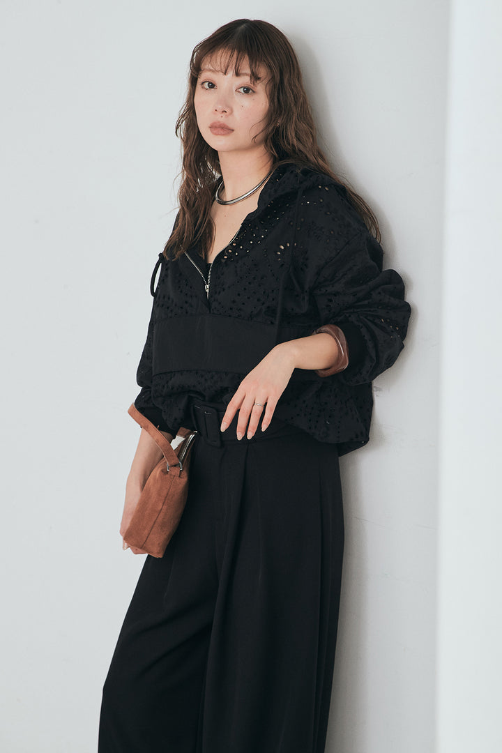 [SET]レースハーフジップアップフーディー+ベルト付きツータックワイドパンツ(2set)