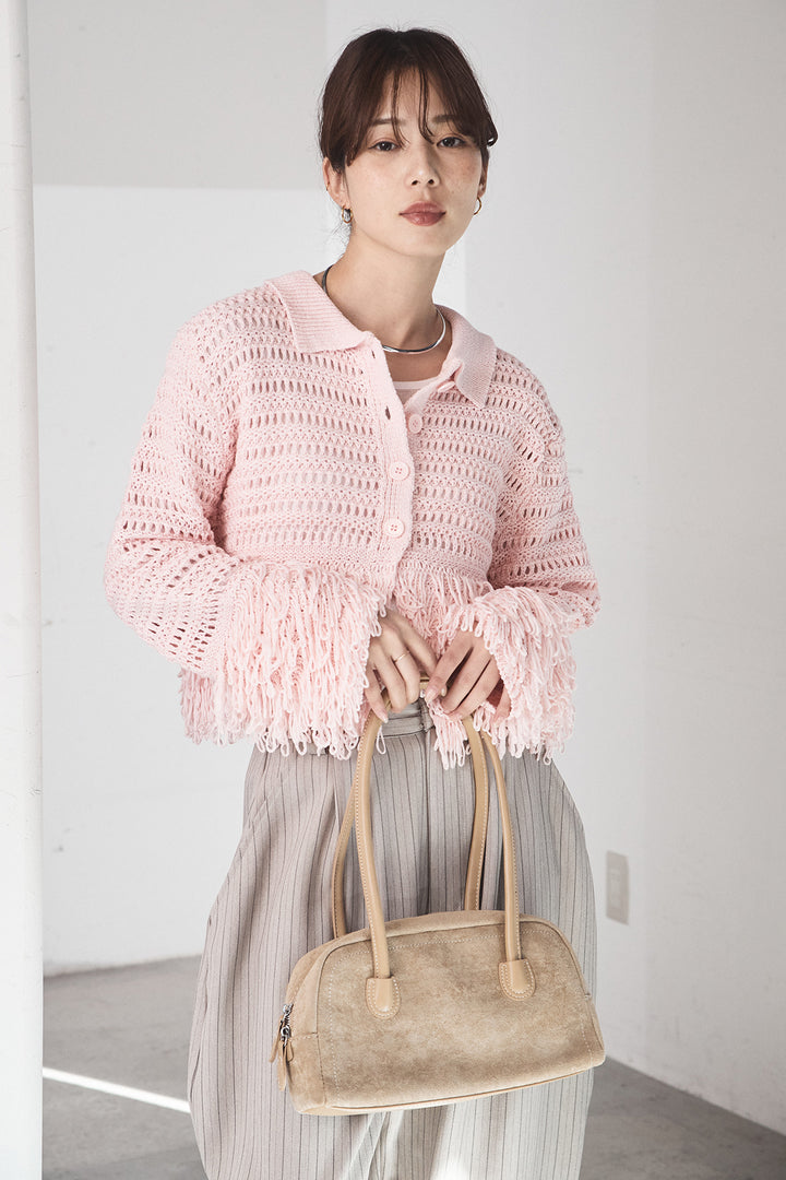 [SET]メッシュフリンジカーディガン+ヘリンボーンストライプツータックパンツ(2set)
