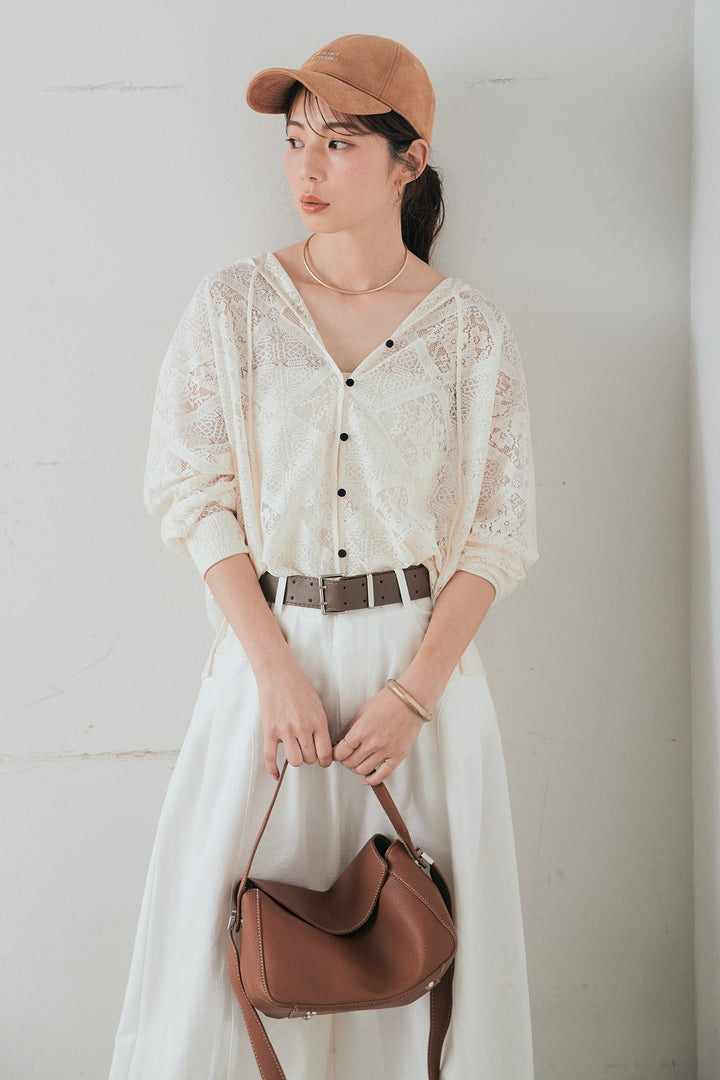 [SET]ブロックレースフード付きブラウス+ベルト付きサイドタックワイドパンツ(2set)