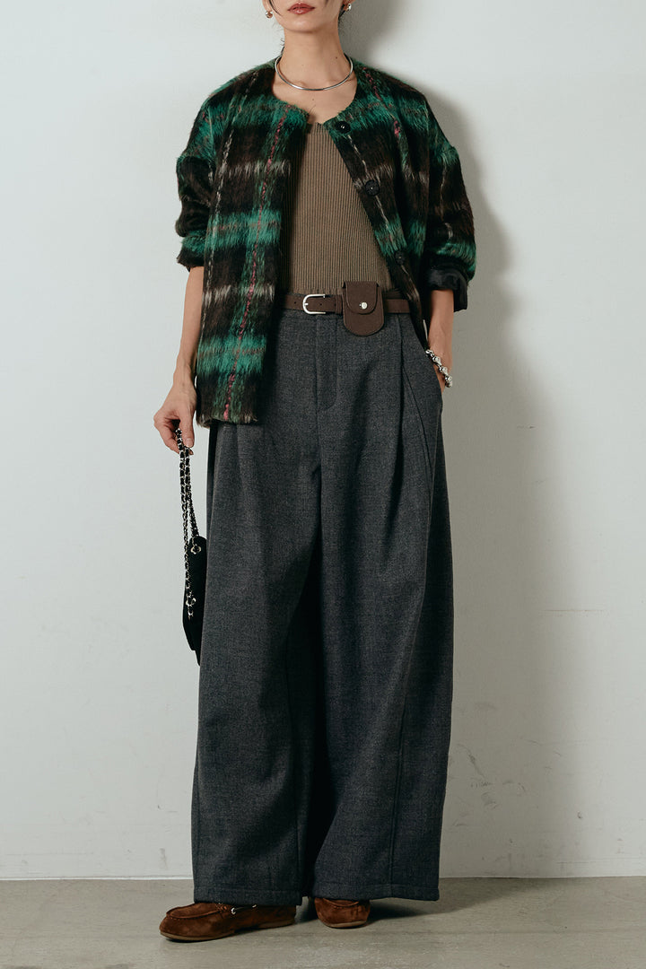 [SET]ノーカラーシャギーチェックアウター+ポーチベルト付きカーブパンツ(2set)