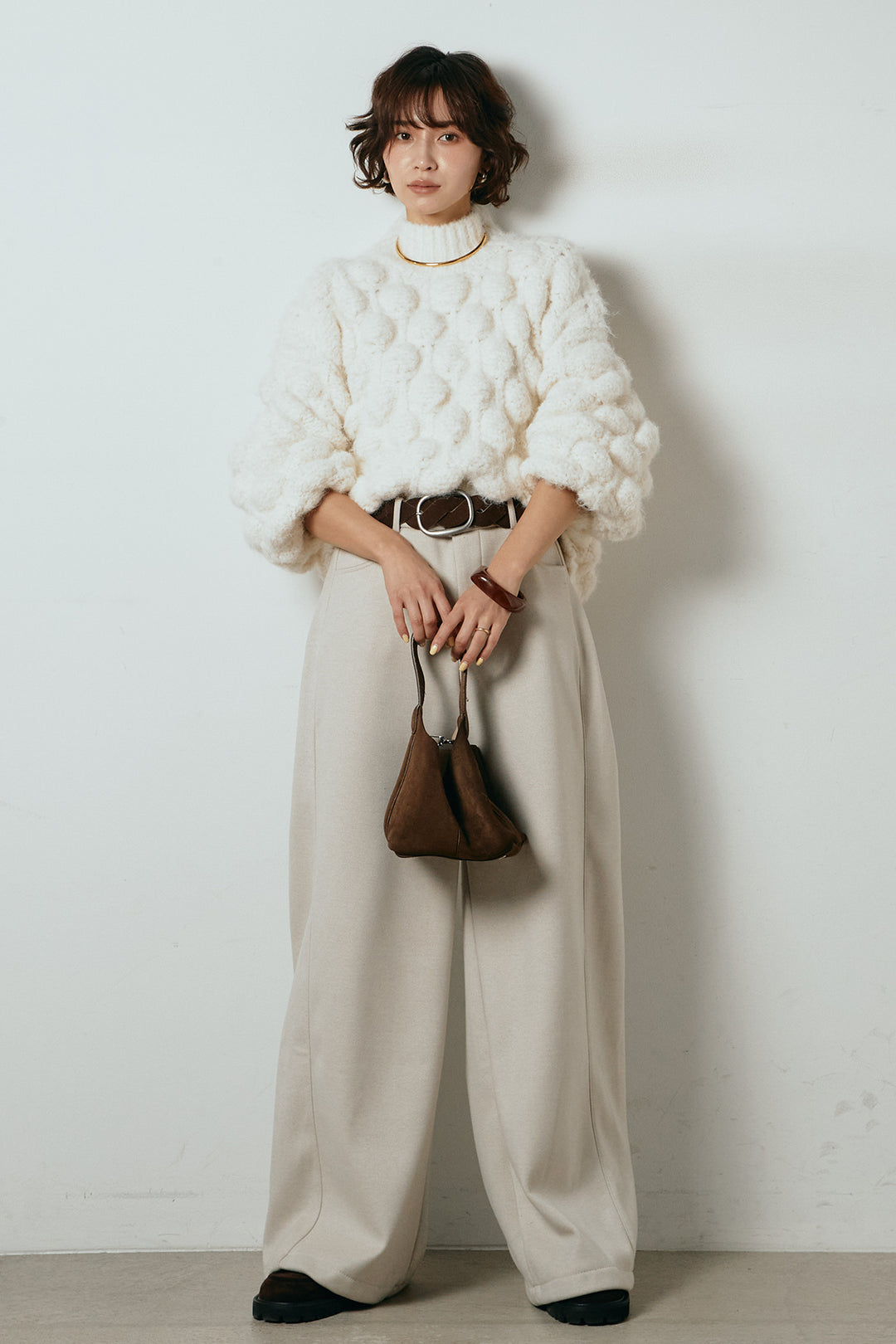 [SET]ボリュームポップコーンニットトップス+編みベルト付きワイドパンツ(2set)