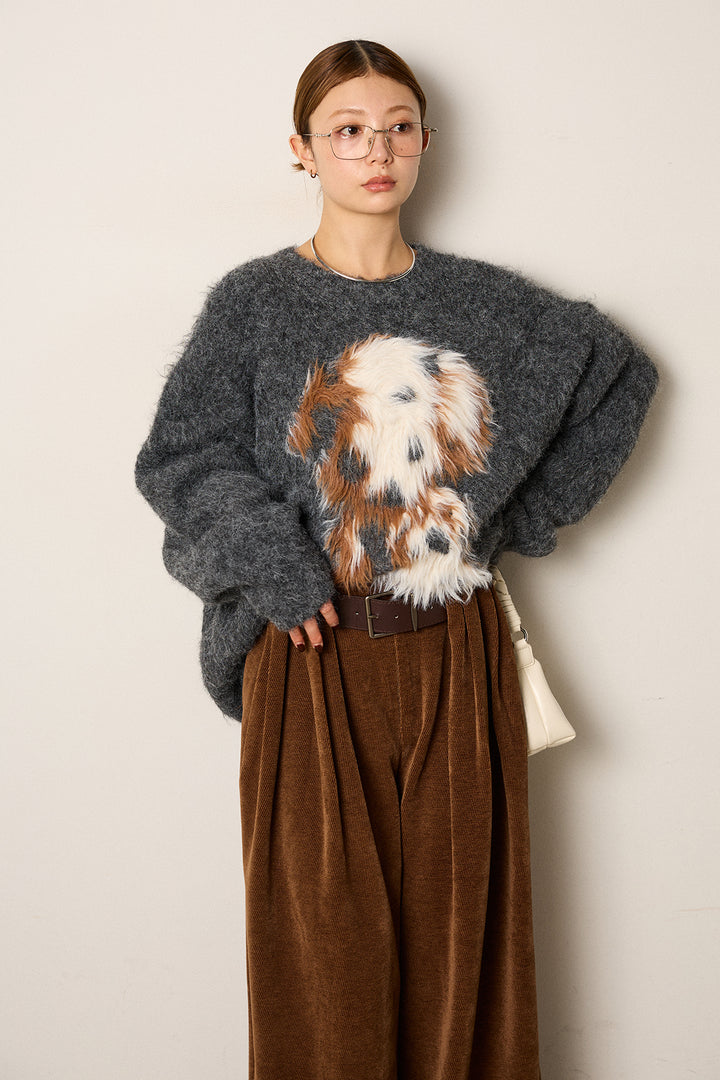 [SET]シャギーニュアンスアニマルニット+ベルトループコーデュロイワイドパンツ(2set)