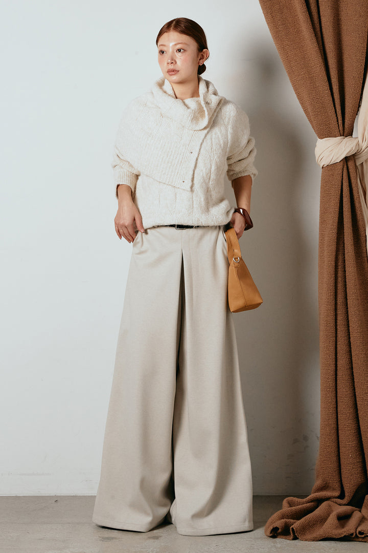 [SET]ケープデザインケーブルニットトップス+ベルト付きフロントタックデザインパンツ(2set)