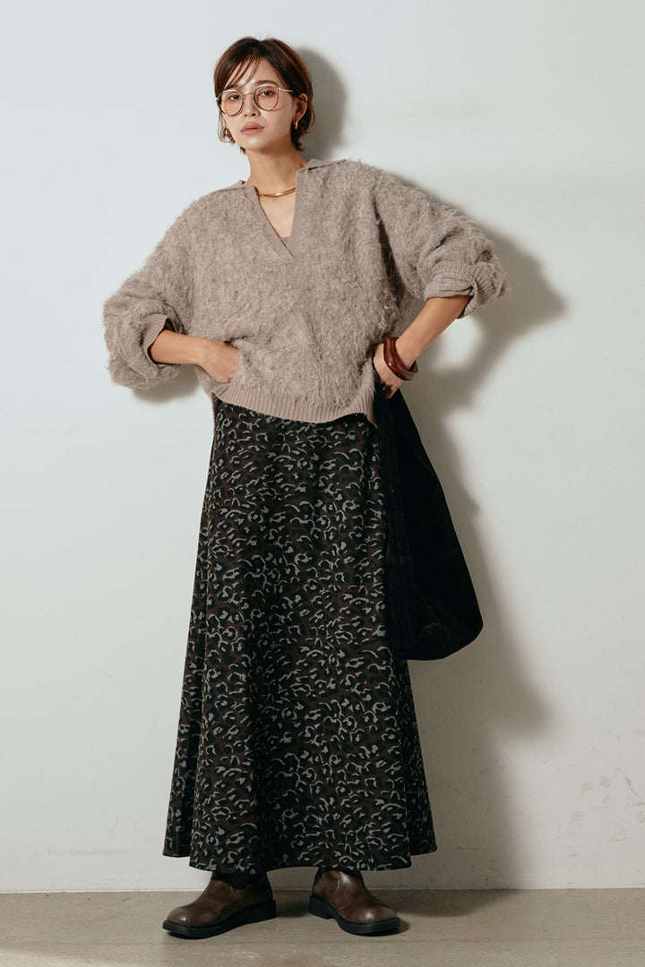 [SET]襟付きシャギーニットポロトップス+レオパードロングスカート(2set)