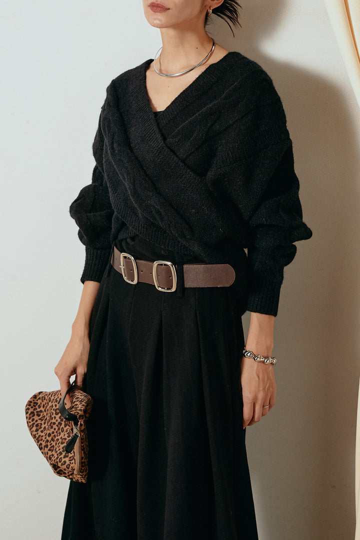 [SET]ケーブルカシュクールニットトップス+フェイクレザー太ベルト付きタックワイドパンツ(2set)