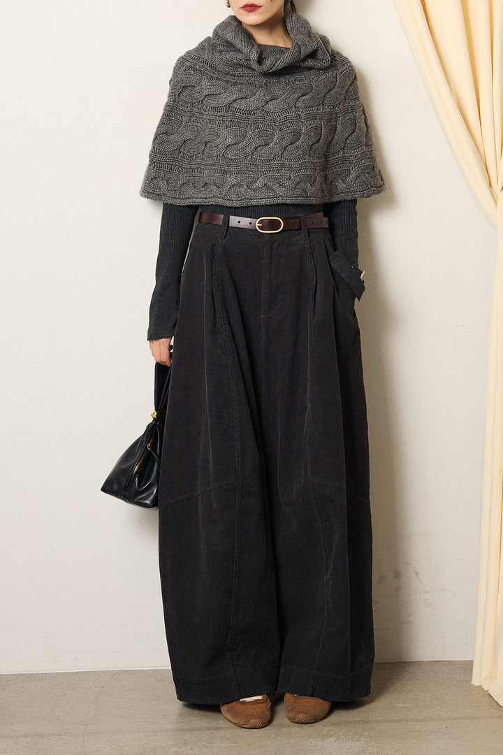 [SET]ケーブル編みケープレイヤードニット+タック入りコーデュロイワイドパンツ(2set)