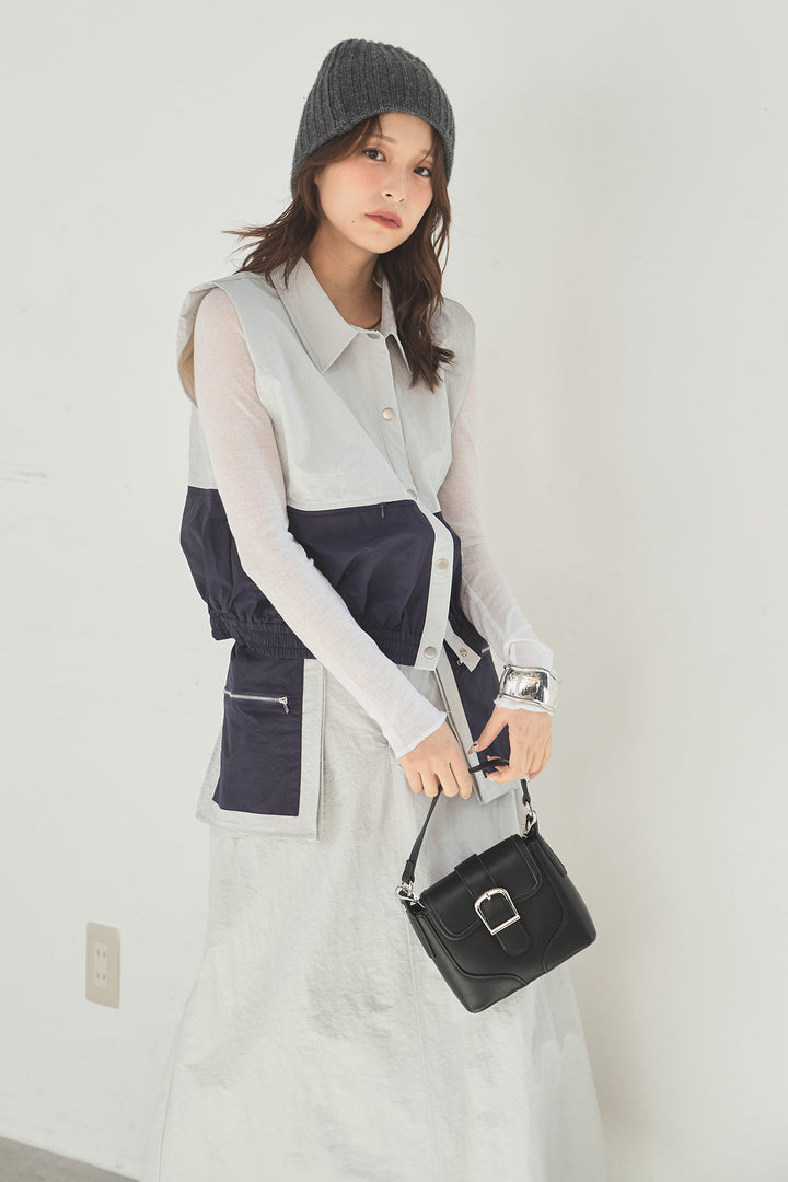 [SET]襟付きナイロンベスト+サイドデザインナイロンスカート+リブシアークルーネック長袖トップス(3set)