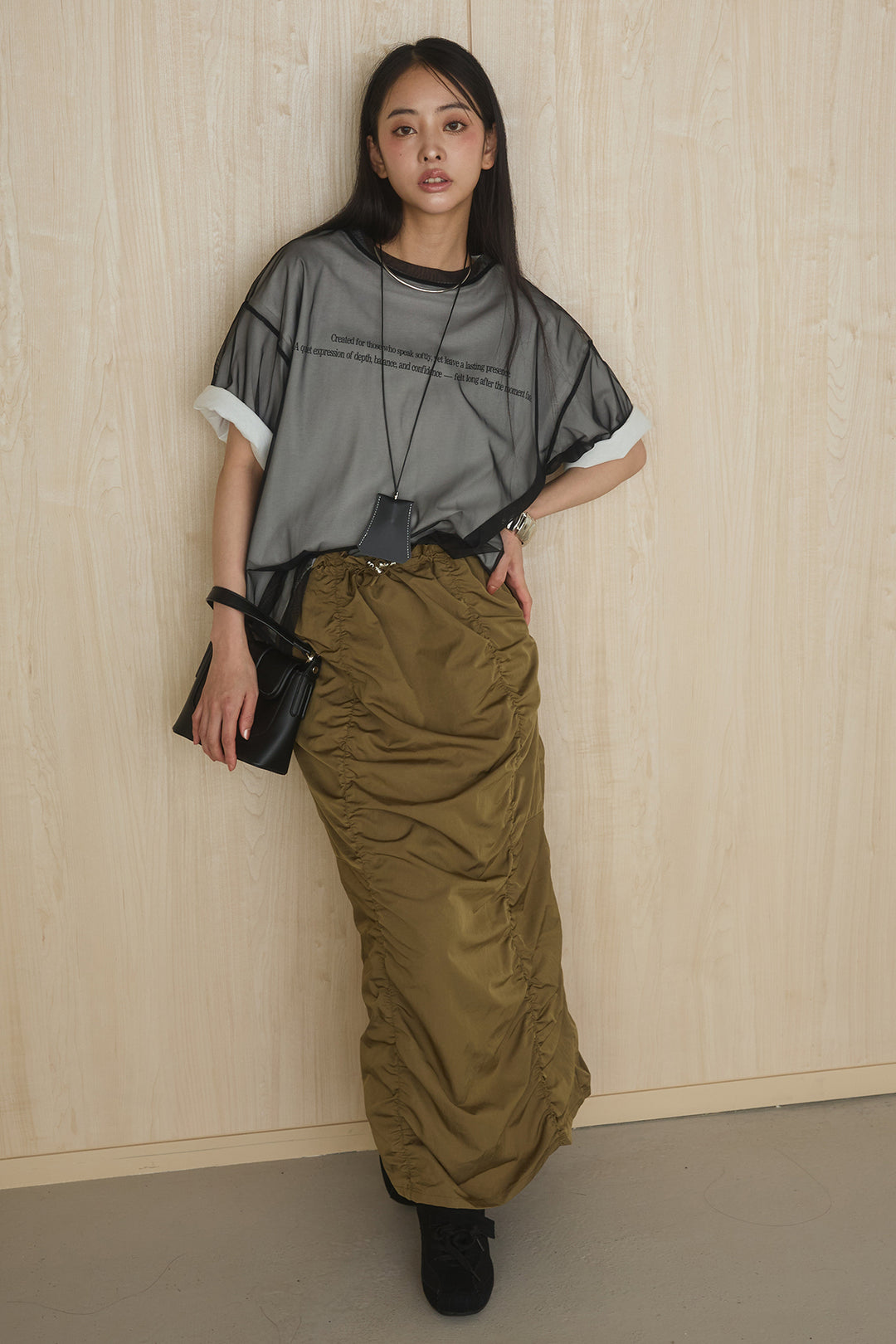 [SET]綿天竺Tシャツ×チュールトップス+ギャザーナロースカート(2set)