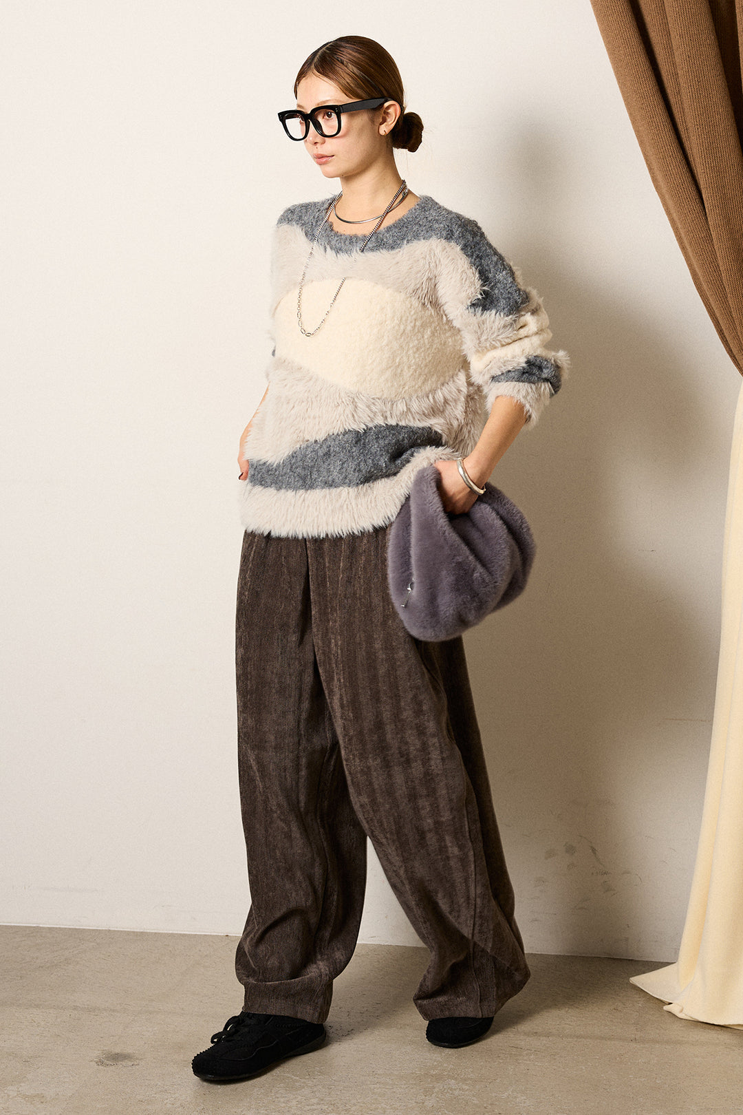 [SET]シャギーウェーブ柄クルーネックニットトップス+かすれデザインワイドパンツ(2set)