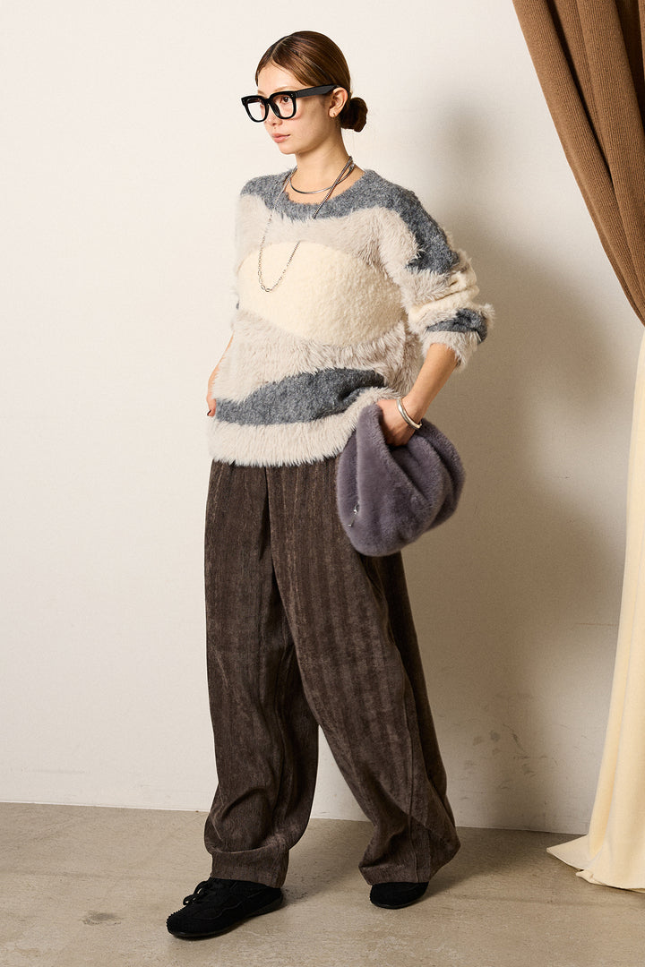 [SET]シャギーウェーブ柄クルーネックニットトップス+かすれデザインワイドパンツ(2set)