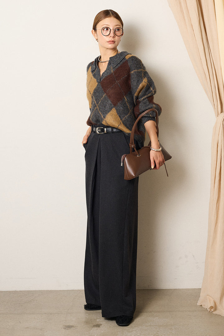 [SET]アクリルモヘアアーガイルキーネックプルオーバー+フロントワイドタックネップ入ワイドパンツ(2set)