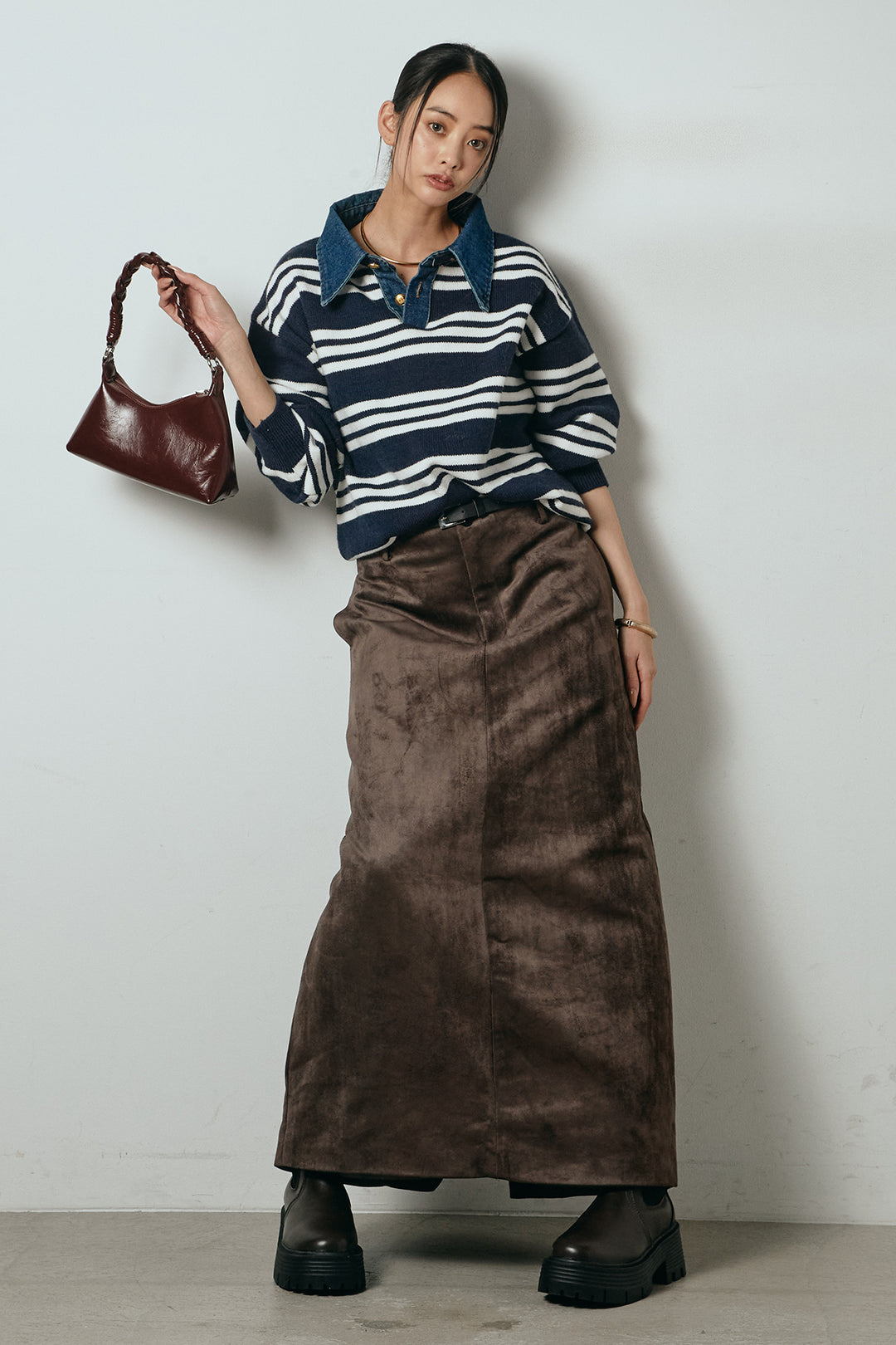 [SET]デニムレイヤード風ランダムボーダーニットプルオーバー+エコスウェードワイドスカート(2set)