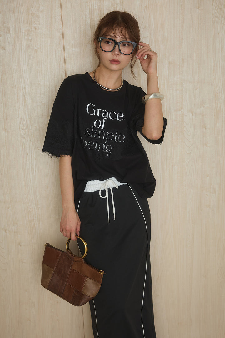 [SET]レースロゴプリントTシャツ+ミニ裏毛ストレートスカート(2set)