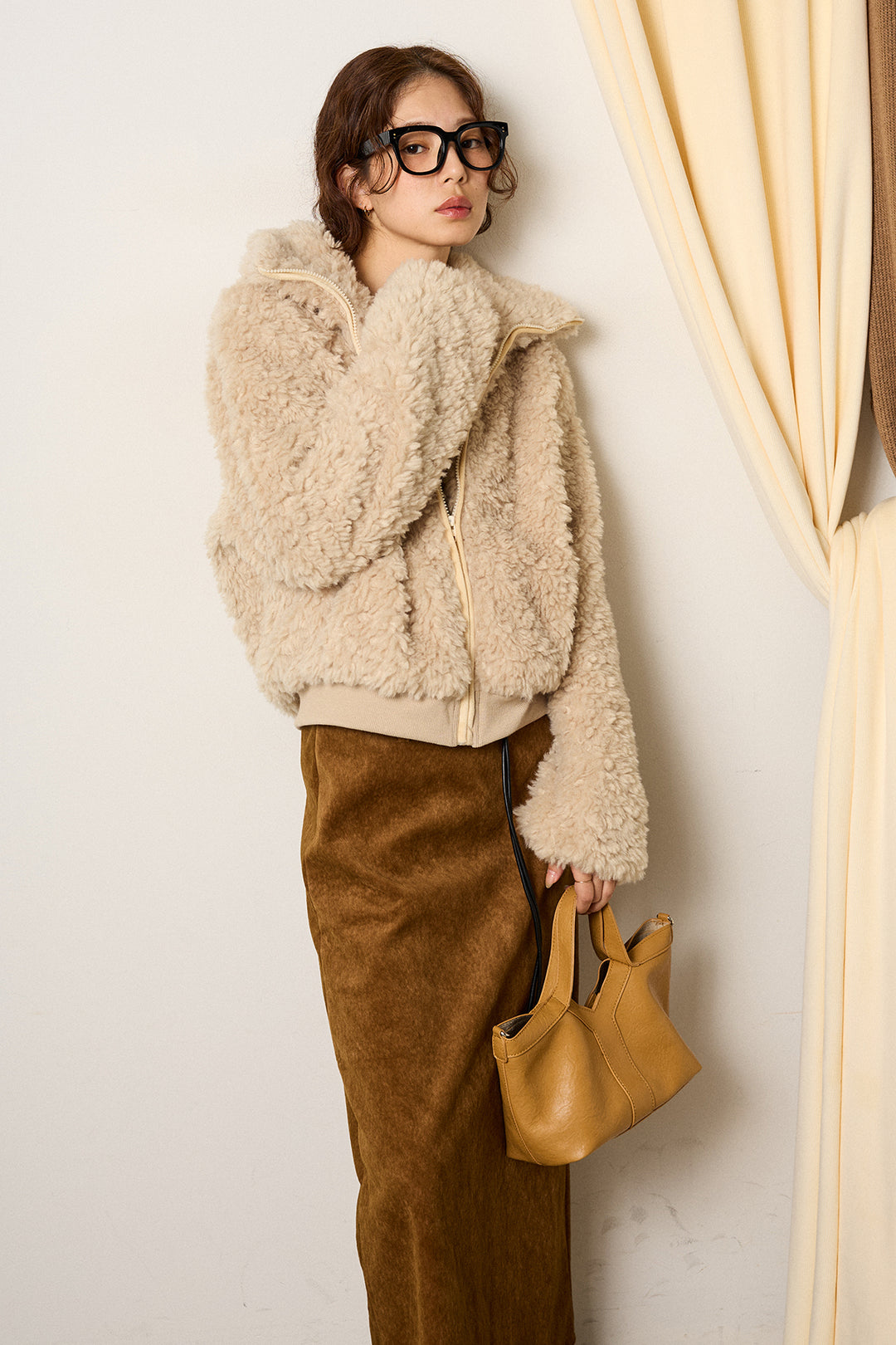 [SET]スタンドカラー裾リブボアブルゾン+ロープベルト付きスウェード調スカート(2set)