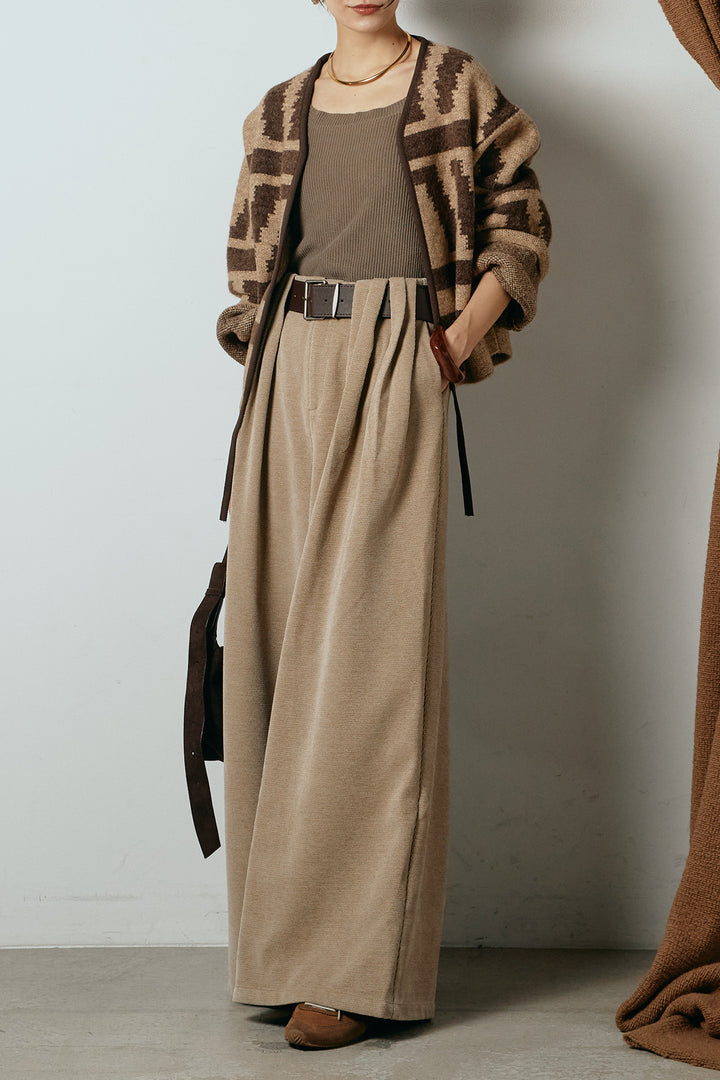 [SET]ノーカラー幾何学模様アウター+ベルトループコーデュロイワイドパンツ(2set)