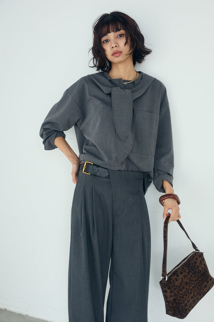 [SET]無地タイ付フーディーBIGシャツ+サイドベルトタック入りスラックス(2set)