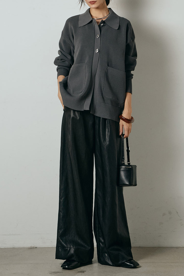 [SET]メタル釦衿付きニットカーディガン+ベルト付きレザーライクタックパンツ(2set)