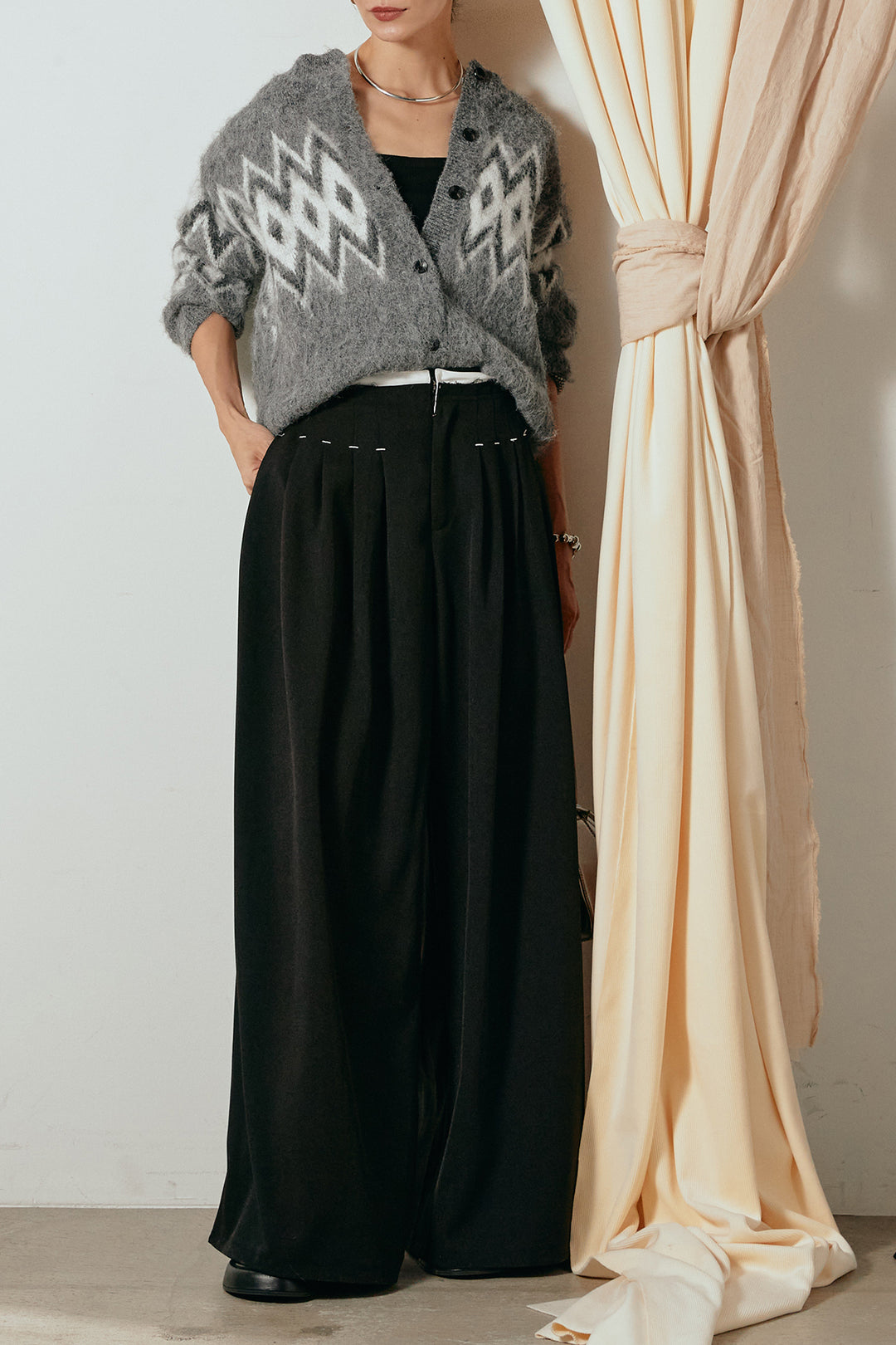 [SET]起毛ノルディック柄ニットカーディガン+ウエストステッチデザインワイドスラックス(2set)