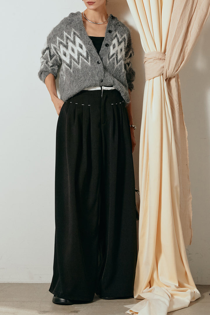 [SET]起毛ノルディック柄ニットカーディガン+ウエストステッチデザインワイドスラックス(2set)