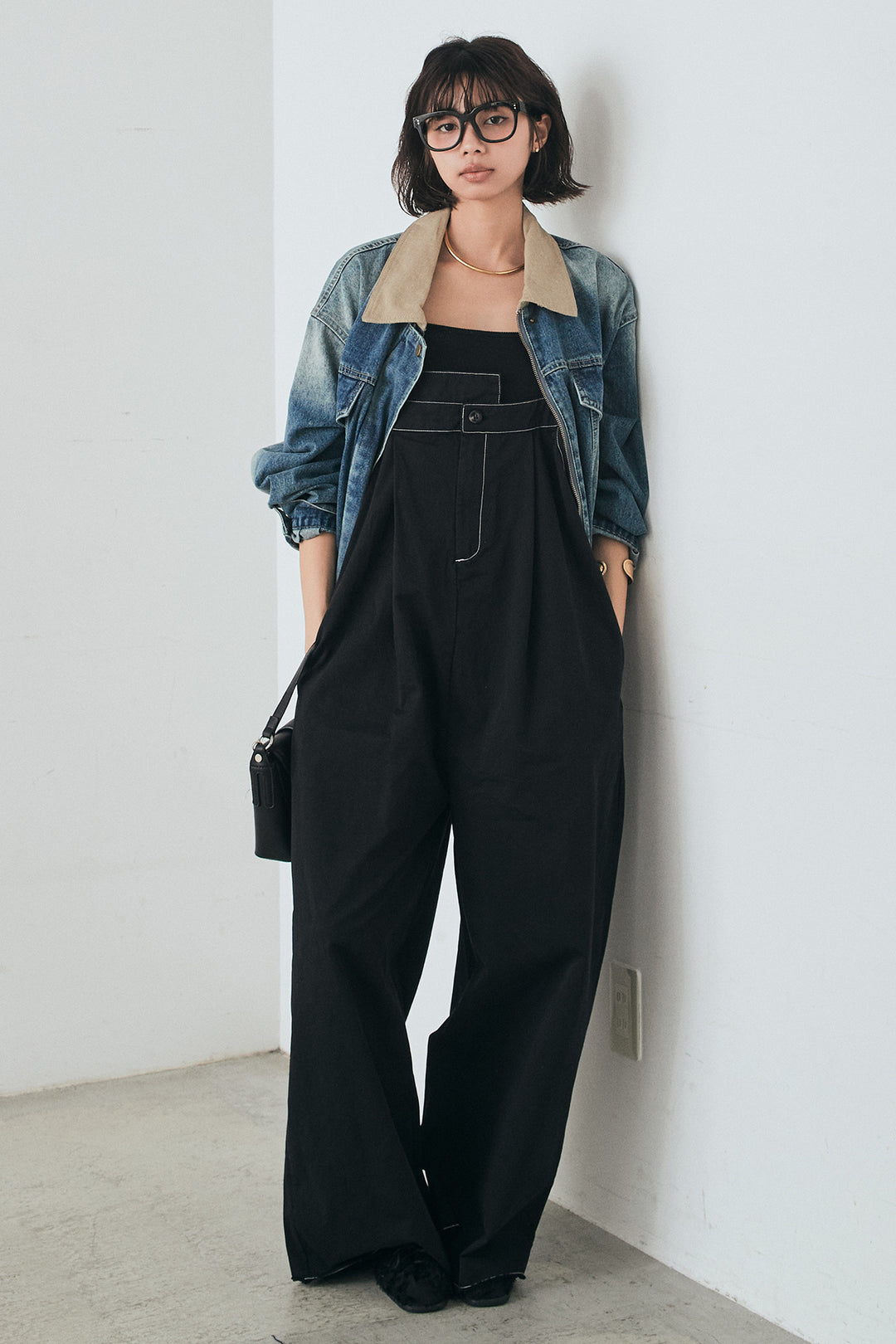 [SET]襟切り替えジップデニムジャケット+綿ツイルアシメサロペット(2set)