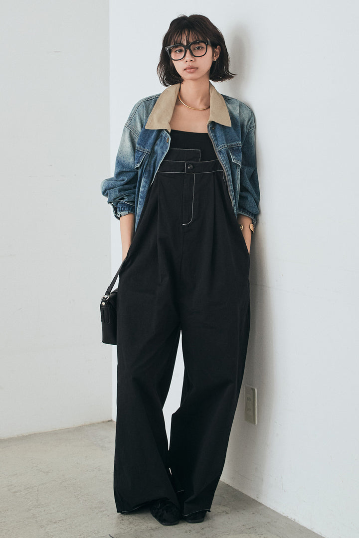 [SET]襟切り替えジップデニムジャケット+綿ツイルアシメサロペット(2set)