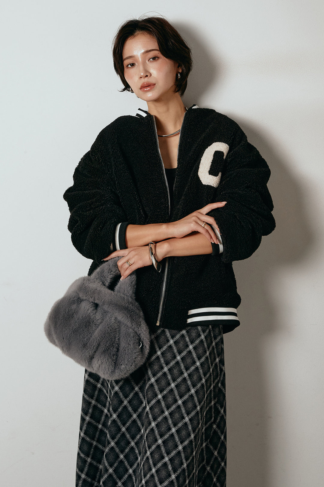 [SET]ロゴスタジャンボアブルゾン+フロッキー起毛チェックスカート(2set)