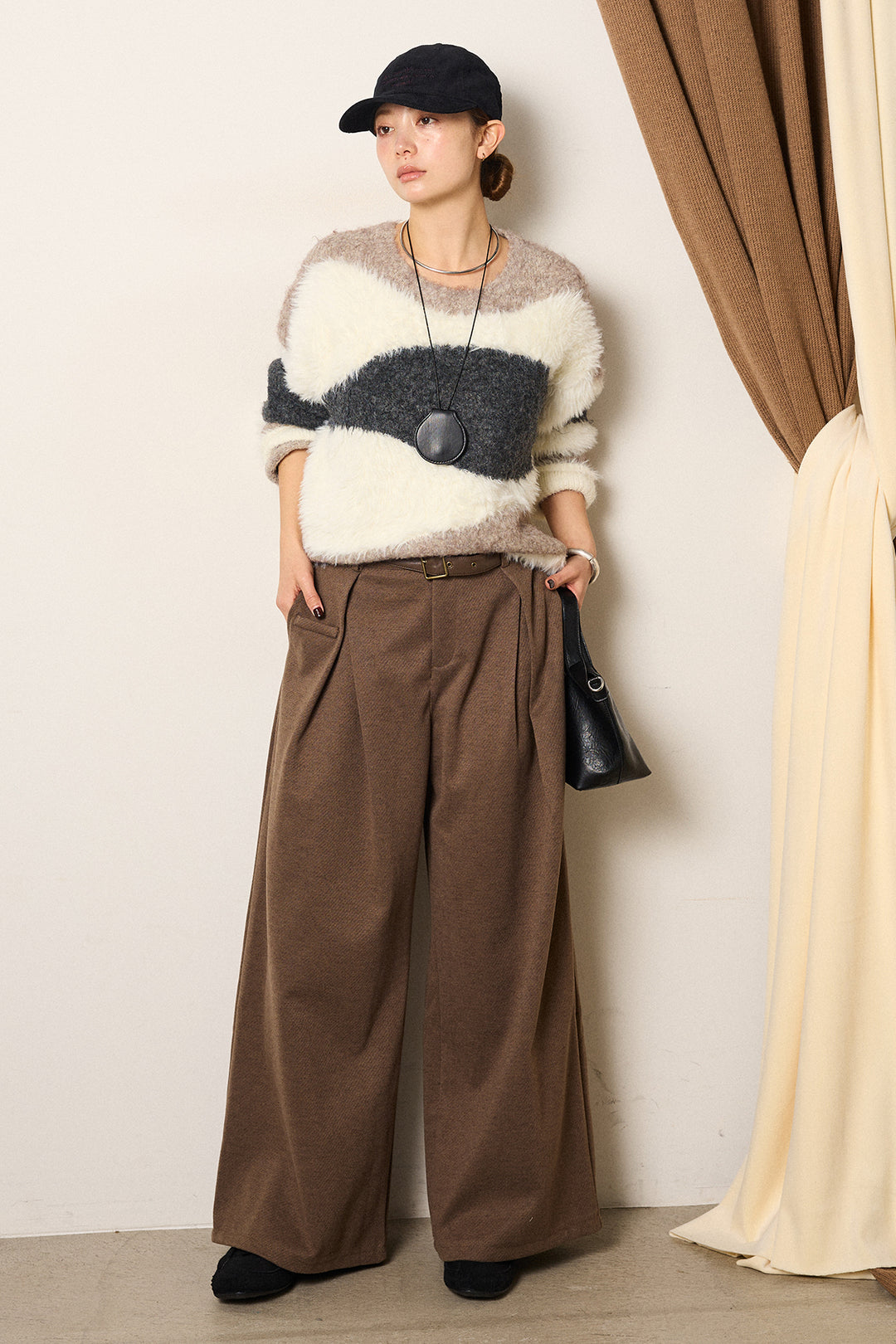 [SET]シャギーウェーブ柄クルーネックニットトップス+細ベルト付き起毛タックワイドパンツ(2set)