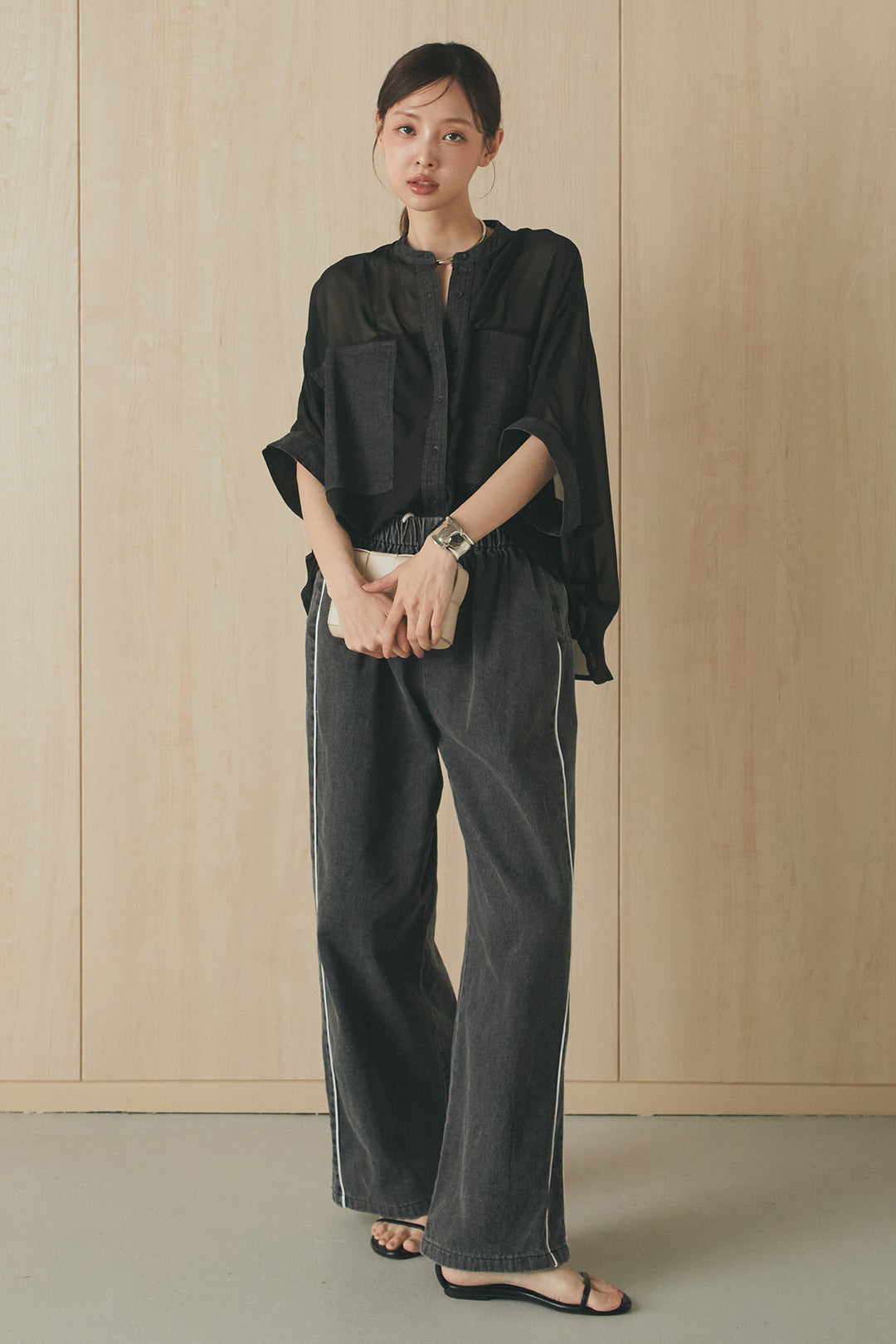 [SET]デニムライクビッグツーポケシアーシャツ+ドロストサイドラインデニムパンツ(2set)
