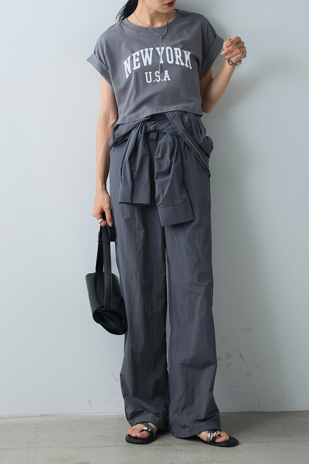 [SET]ショート丈NEWYORKロゴTシャツ+合繊ジャンプスーツ(2set)